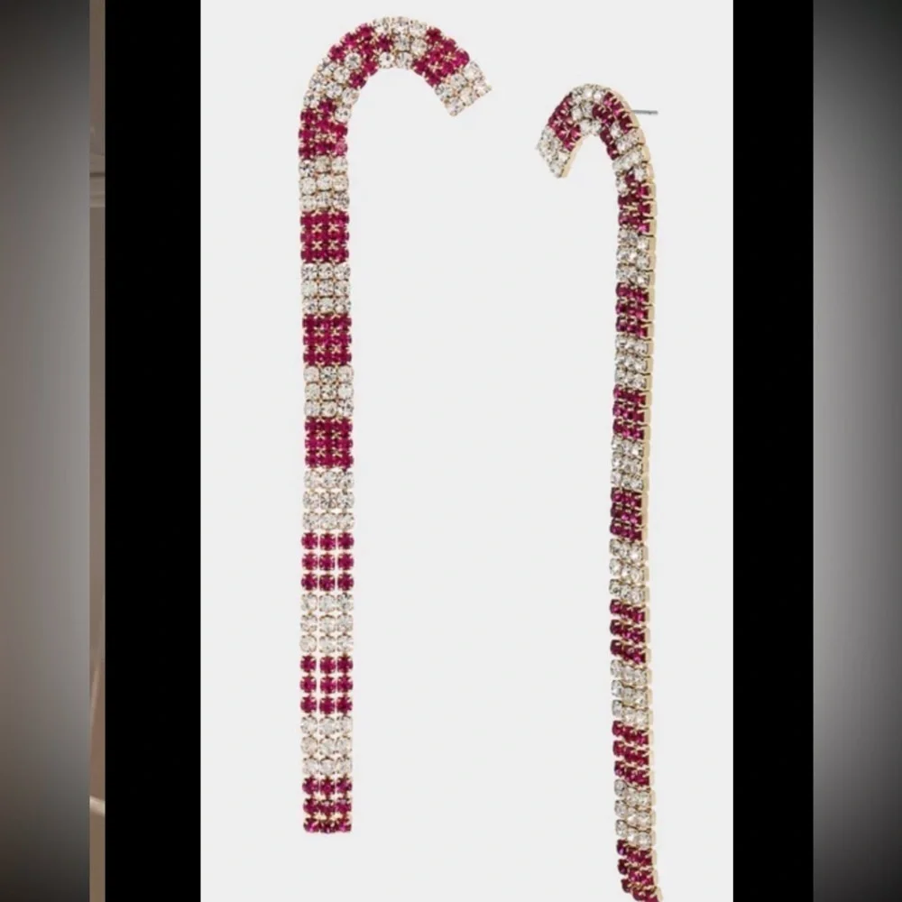 BETSEY JOHNSON Christmas Holiday Crystal-Studded Linear Candy Cane Earrings NWT